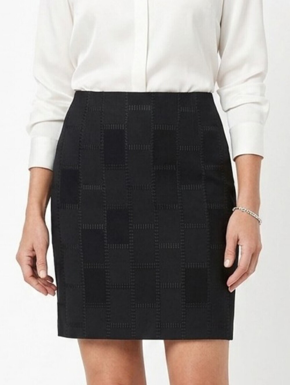 Casual Corner Black Patchwork Mini Pencil Skirt Petite Size 10 Fully Lined